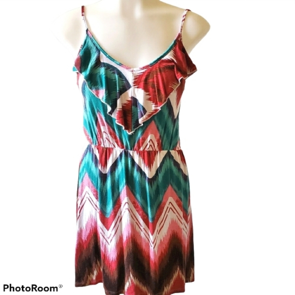 RUE 21 Chevron Mini Dress Teal White and Marroon Size Med